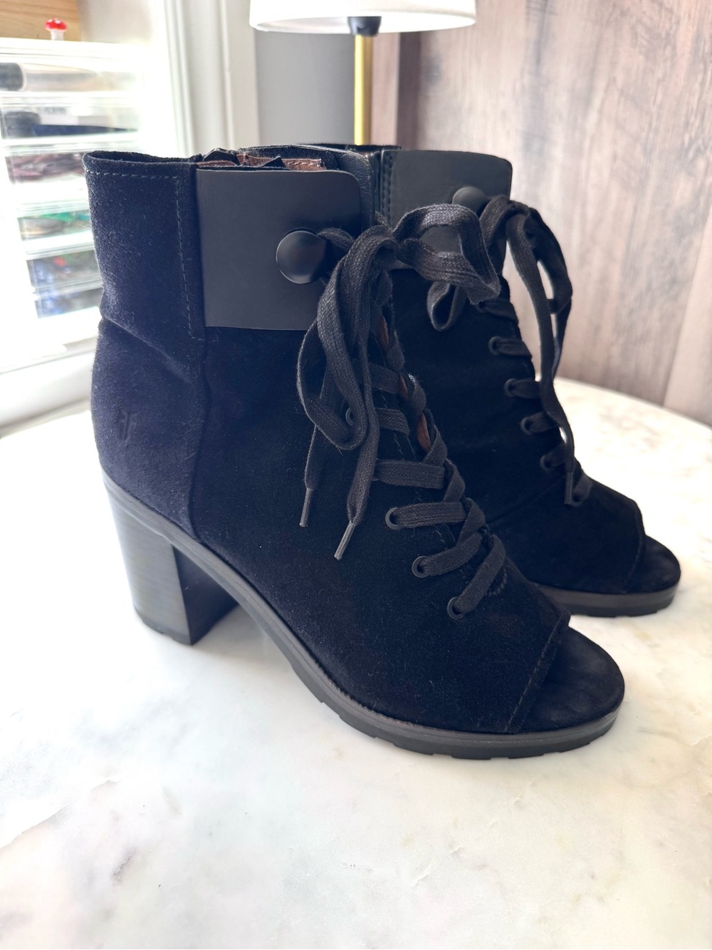 Frye Black Suede Lace-Up Peep-Toe Combat Ankle Boots
